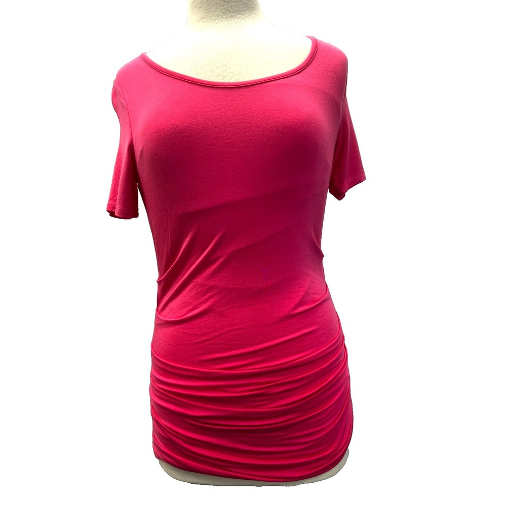 Lysse NWT Long Top Bright Pink Side Ruching Scoop Neck Short Sleeve Lined SZ S